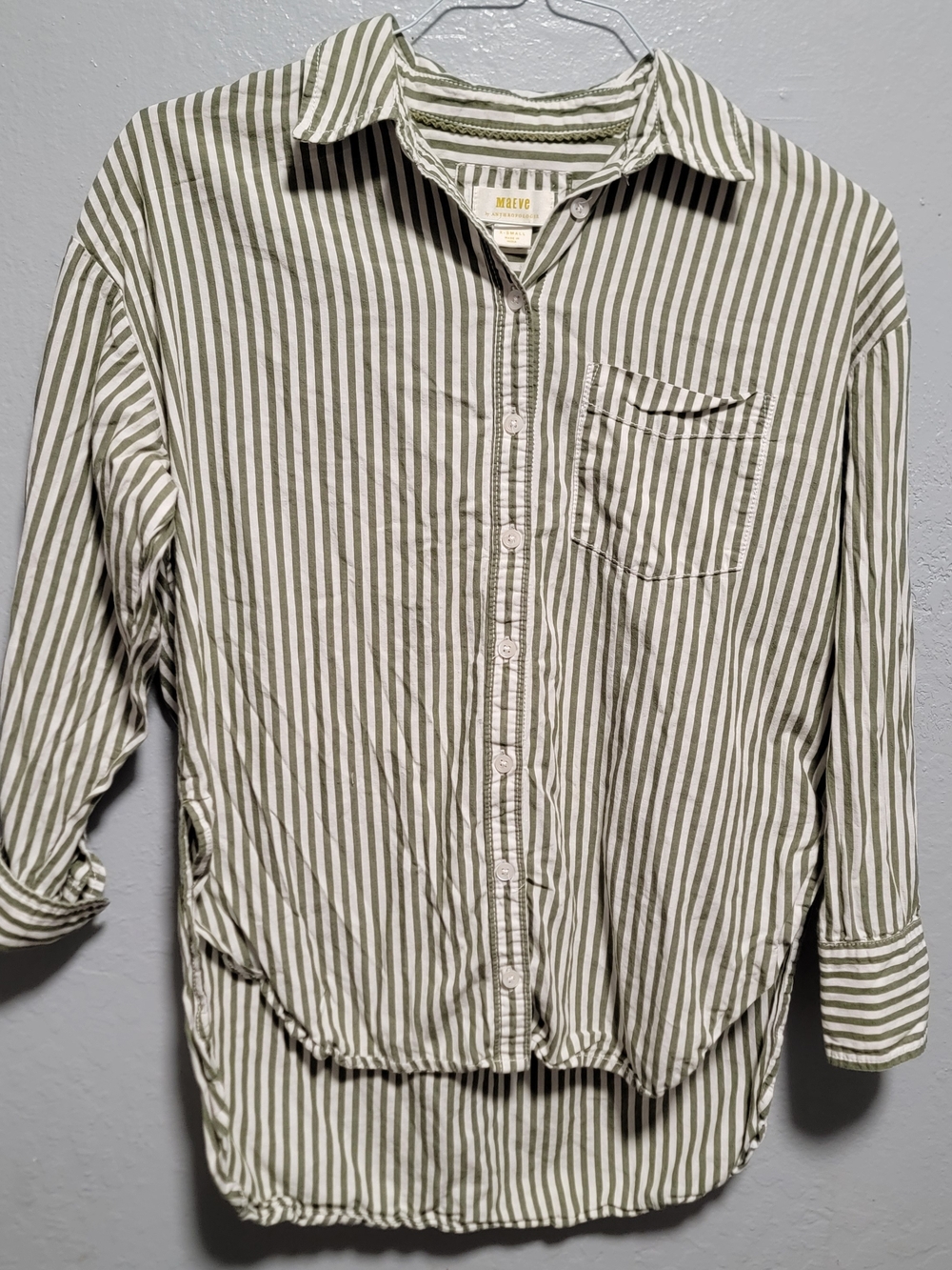 Anthropologie Olive Green & White Striped Button-Down Shirt